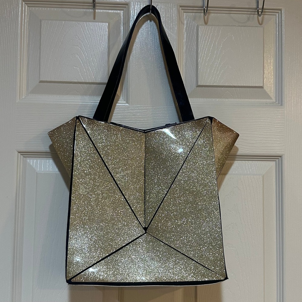Gold Glitter‎ Geometric Paneled Tote Bag Glossy Origami Style Shoulder Bag